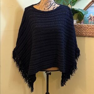 Lauren Ralph Lauren Fringed Black Knit Cotton Poncho Sweater S/M